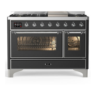 Cuisinière à double combustible de 48 pouces avec 5 brûleurs scellés, plaque chauffante et plateau français en graphite mat Majestic III Series (propane liquide, garniture chromée)