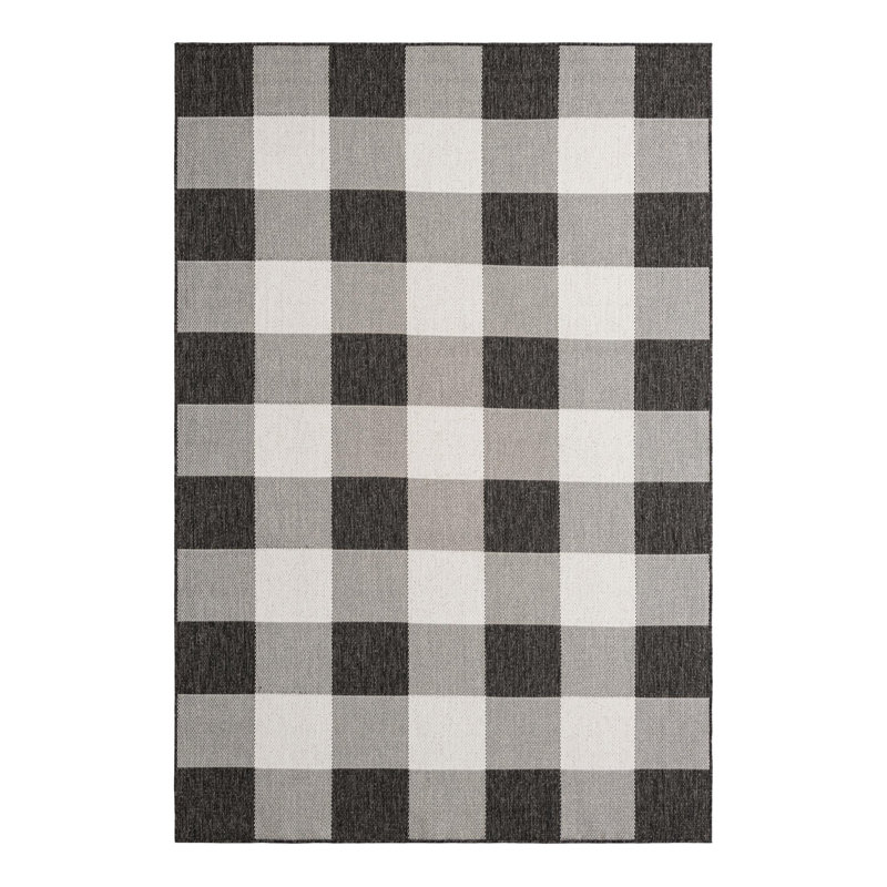 Tatasha Gingham Power Loom Polypropylene Plastic Indoor/Outdoor Area Rug in Black/White, Rectangle 6'1" x 9'