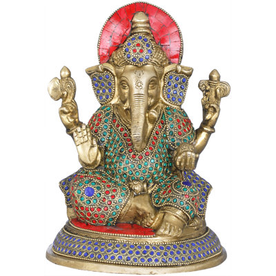 Seated Brass Ganesha Statue 8 Inch Handmade Indian Deity Golden Temple Shelf Accent for Spiritual Home Decor