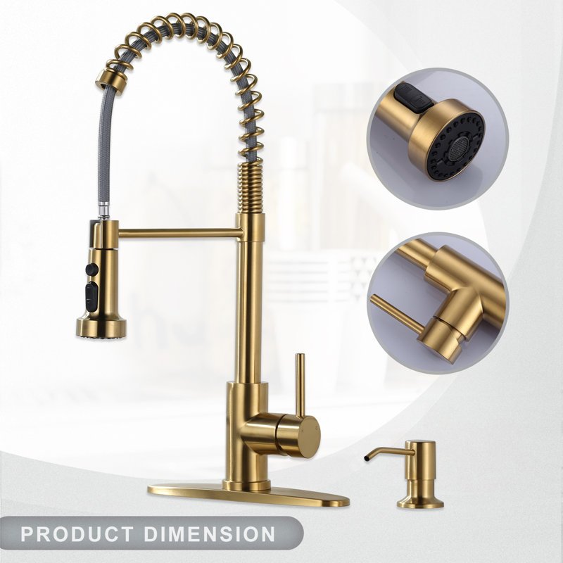 Single Handle Pull Down Kitchen Faucet with Soap Dispenser in Brushed Nickel, Brushed Gold