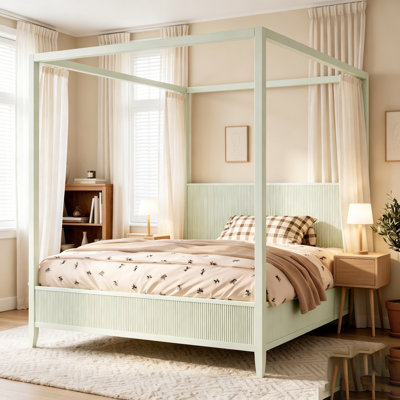 Wooden Canopy Platform Bed with Support Slats, Timeless Fluted Design, No Box Spring Needed