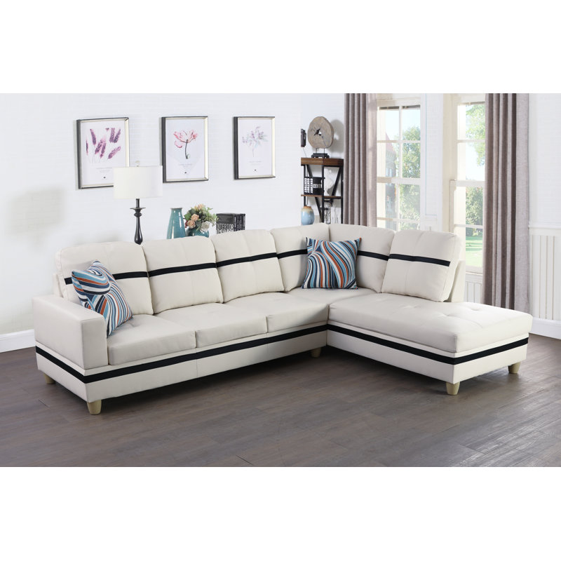 Elish Faux Leather L-Shaped Sectional, Right Hand Facing, White/Black Faux Leather