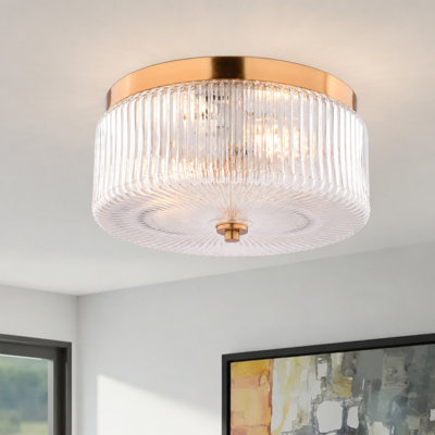 Riverside 2-Light Flush Mount Ceiling Light, Muted Brass Finish, Clear Ribbed Glass Drum, 11.75-in Wide, LED Compatible
