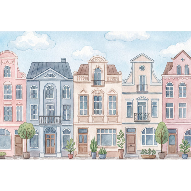 Maison de ville papier peint aquarelle architecture murale, 160 po x 108 po, Peler et coller