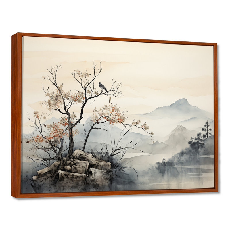 Art asiatique, art mural encadré Sumi Bird Serenity, H 16 po x l 32 po x P 1 po, Cadre flottant brun