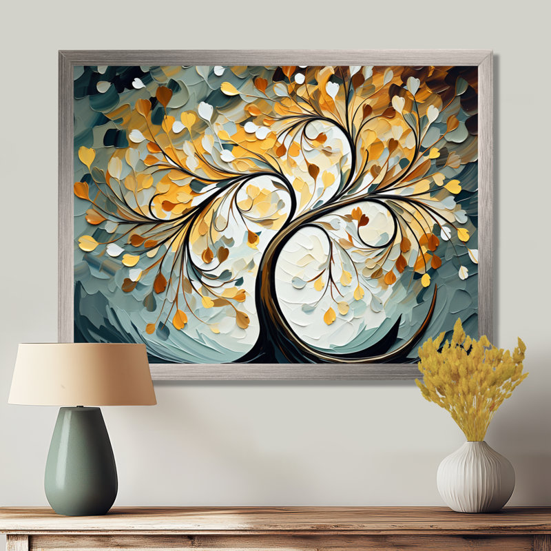 Arbre jaune majestueux jaune et gris - arbres, art mural, H 12 po x l 20 po x P 1 po, Cadre simple argenté