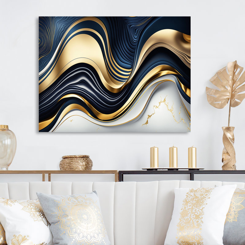 Abstrait géométrique vagues bleues et dorées IV - décoration murale abstraite en métal, H 30 po x l 40 po x P 1 po