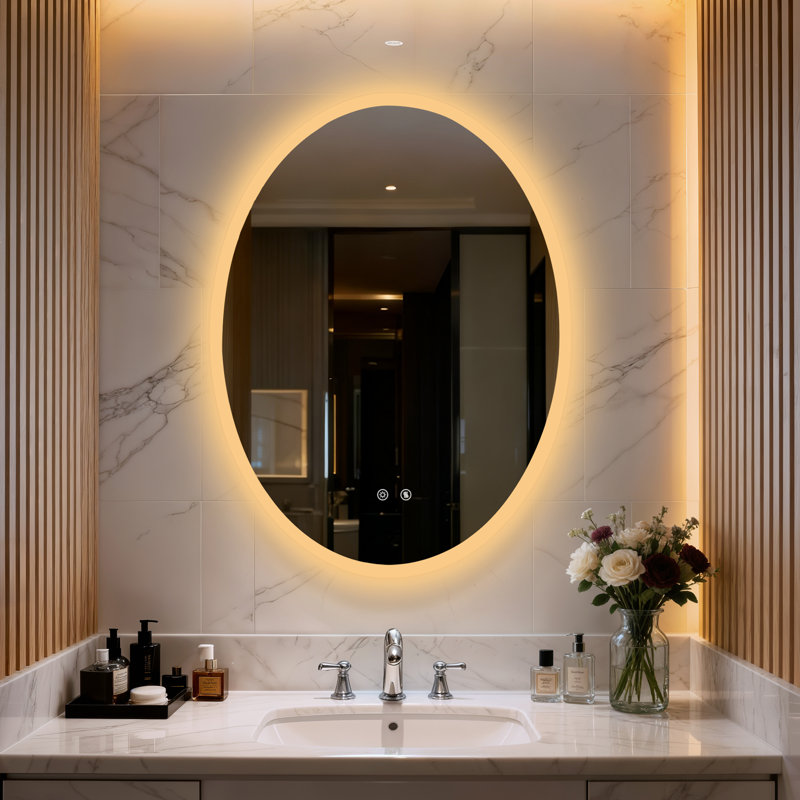 Oval LED Lighted Bathroom Mirror Backlit with Defog Memory Function , 70x90cm