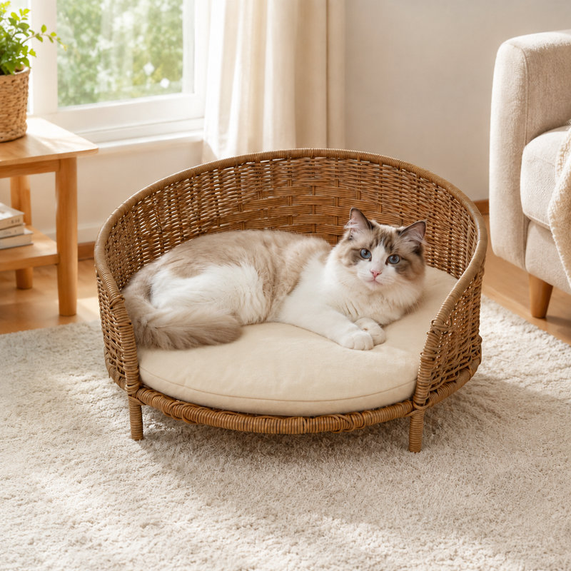 Chaise de lit pour chat en rotin surélevée tissée à la main, canapé-lit rond en osier respirant pour petits chiens et chats, niche ouverte toutes saisons pour animaux, kaki foncé