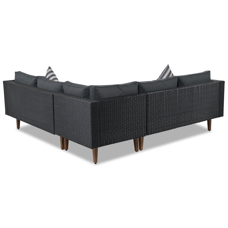 Ensemble de canapé d'extérieur en osier 4 pièces, mobilier de patio avec coussins colorés, ensemble de canapé en L, coussins gris et noir