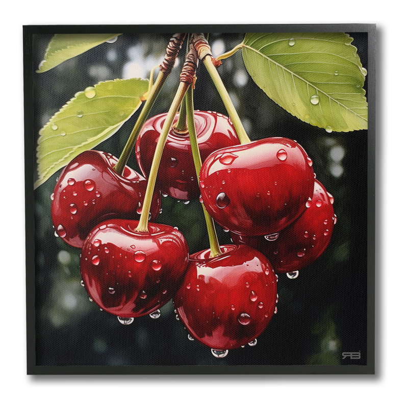 Cerises avec gouttelettes d'eau, estampe numérique encadrée par RB, Giclée encadrée noir minuit, H 17 po x l 17 po