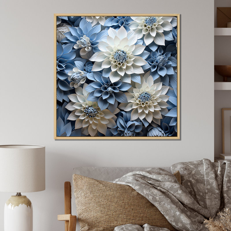 «Blue and White Dahlia Blossom Delight II», reproduction sur toile, Cadre naturel flottant, 30" H x 30" W