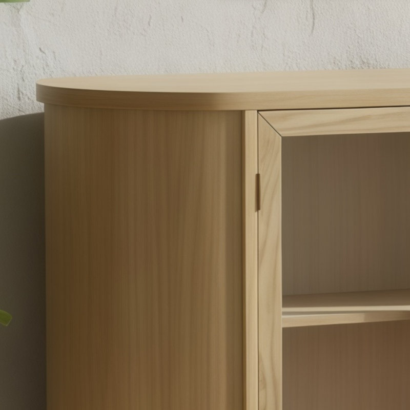 This Natural Wood-Colored Farmhouse-Style Sideboard Features Glass Doors And Adjustable Shelves, Offering A Beautiful And Natural Look Suitable For Kitchens, Dining Rooms, And Living Rooms.