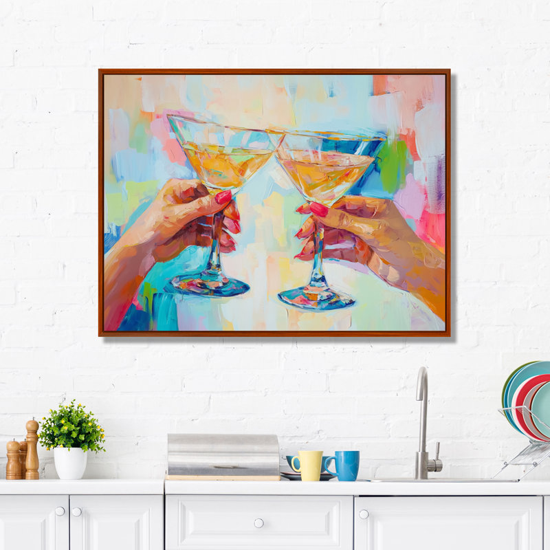 Martini Cocktail Drink Friends I - liquor, art mural, H 12 po x l 20 po, Cadre flottant, Brun