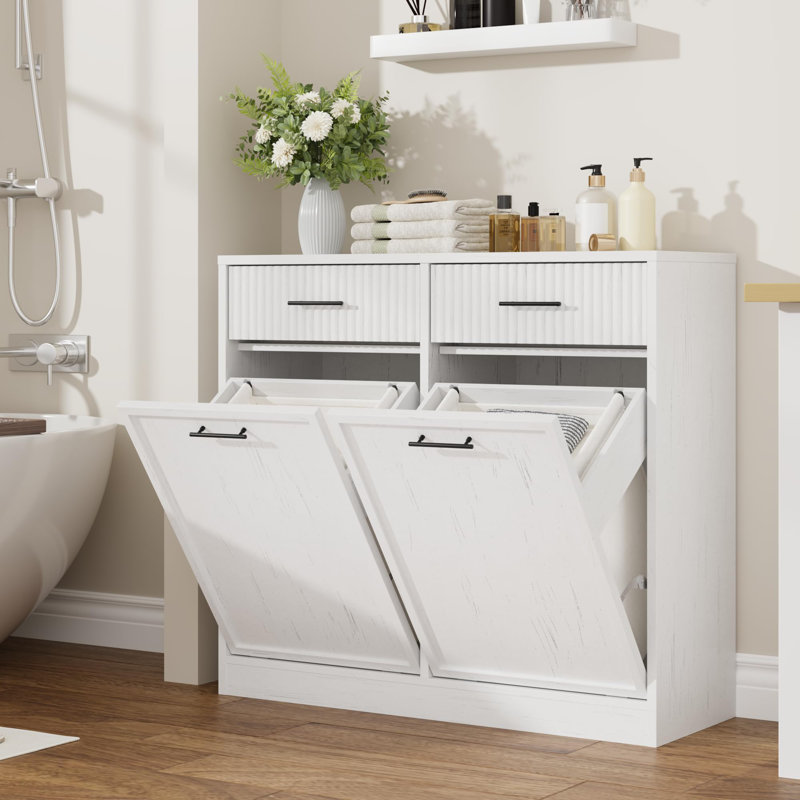 Armoire à linge dissimulée avec rangement pour salle de bain, panier à linge moderne à ouverture inclinable et cannelée, avec tiroirs et paniers étanches