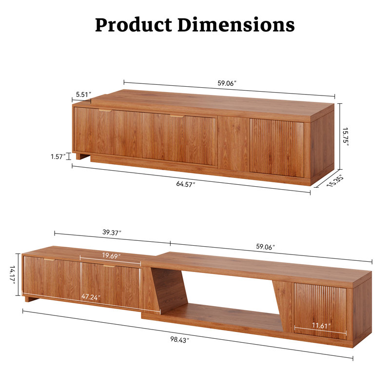 Meuble télé en bois de l 63 po à l 98,5 po avec armoire de rangement, tablette réglable et tiroirs pour le salon, Brown