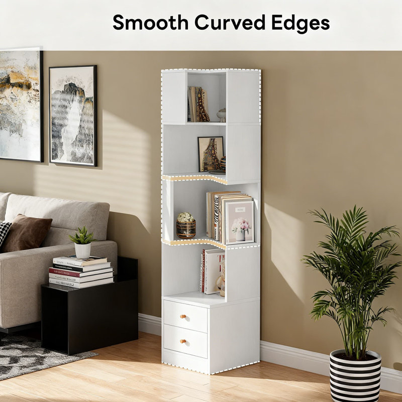 Tall Corner Bookcase With Drawers, 5-Tier Storage Shelf Unit For Living Room, Home Office, And Bedroom Organization