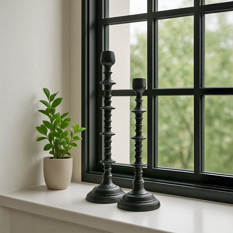 17'' H Aluminum Candlestick Set of 2 Large and Small Metal Candelabras, Black