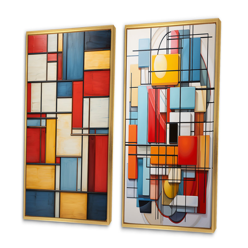 Abstraction géométrique «Composition géométrique» 2 pièces, Encadrement doré, H 20 po x l 24 po