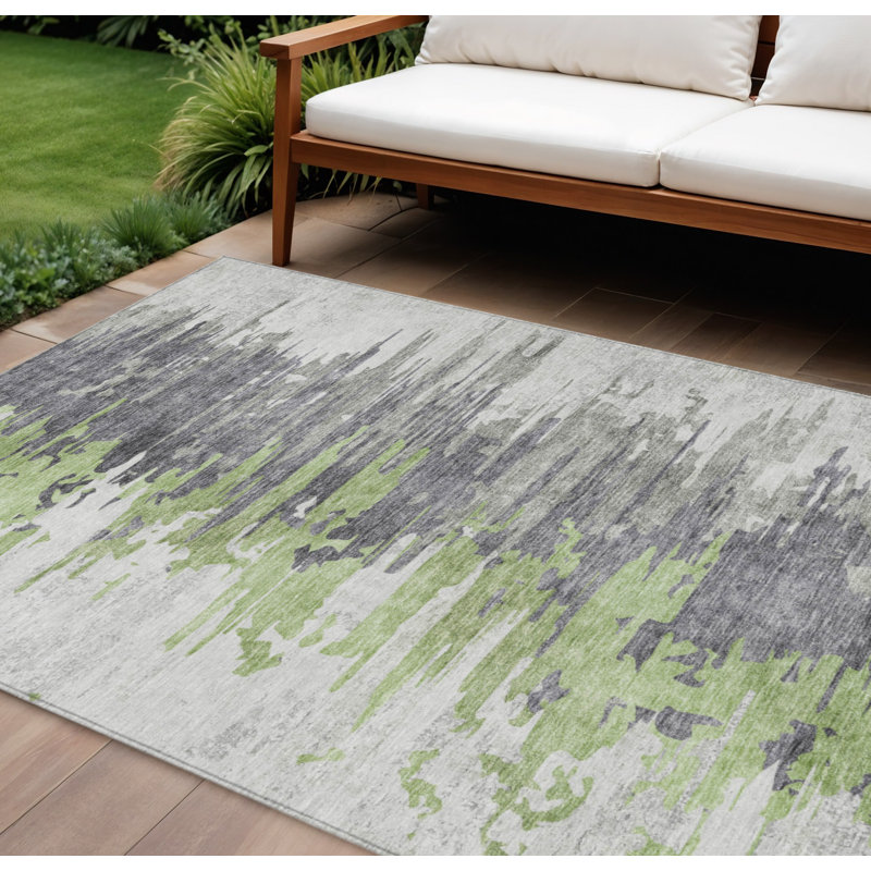 Tapis extérieur lavable abstrait vert et argent 8 pi x 10 pi