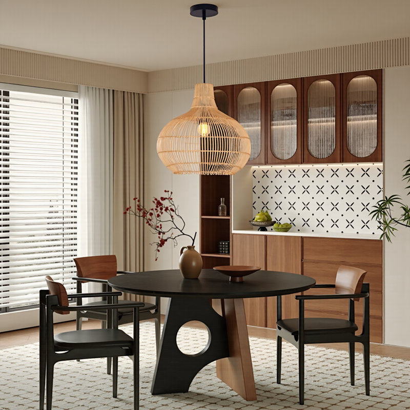 Luminaire suspendu en rotin tissé à la main 1 lumière Chian noir, H 23,62 po x l 23,62 po x P 23,62 po