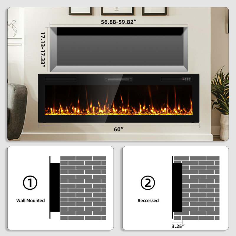 Recessed and Wall Mounted Fire Places Ultra Thin Narrow Beleze with Remote Control, Screen Control, Adjustable Flame Colors and Speed