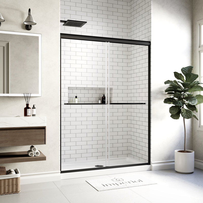 50" - 54" W x 70" H Double Sliding Semi-Frameless Shower Door with 1/4" (6mm) Crystal Clear Tempered Glass, Matte Black
