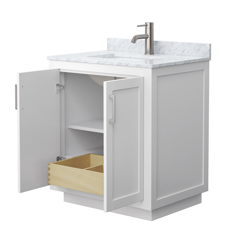 Ensemble de meuble-lavabo simple autoportant 30 po avec plateau en marbre Miranda, Blanc, Nickel brossé