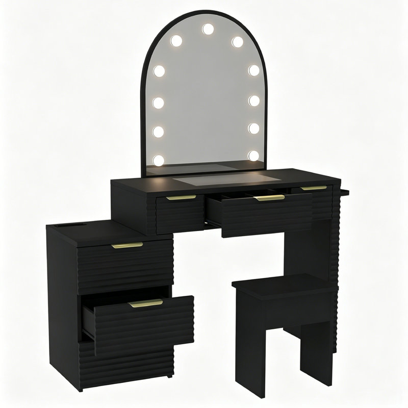 Ensemble de coiffeuse, table de coiffeuse avec miroir éclairé et 6 tiroirs, ensemble de coiffeuse avec miroir, ensemble de coiffeuse, tabouret inclus, pour la chambre à coucher
