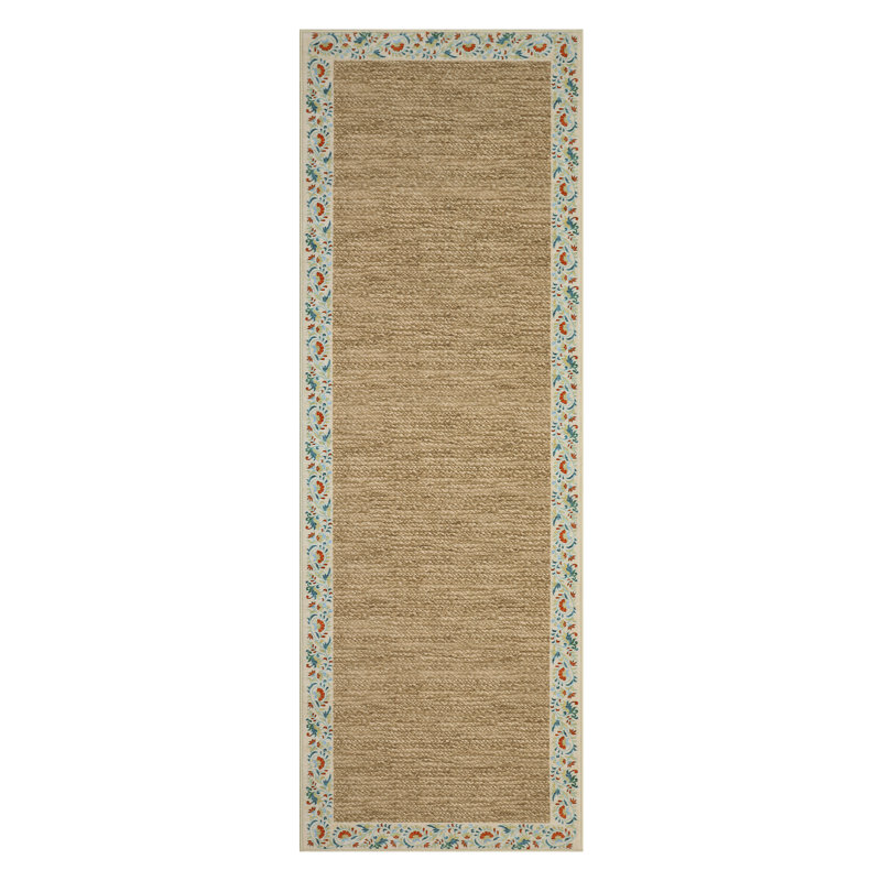 Floral Bordered Machine Washable Rug with Non-Slip Backing Non-Shedding Foldable Soft Low Pile Indoor Carpet, Runner 2' x 6'