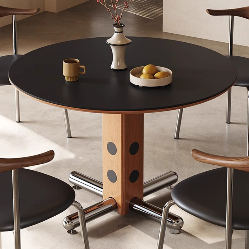 Noir / brun noyer + argent rond + pierre frittée + bois massif + bois manufacturé + table de salle à manger en acier inoxydable