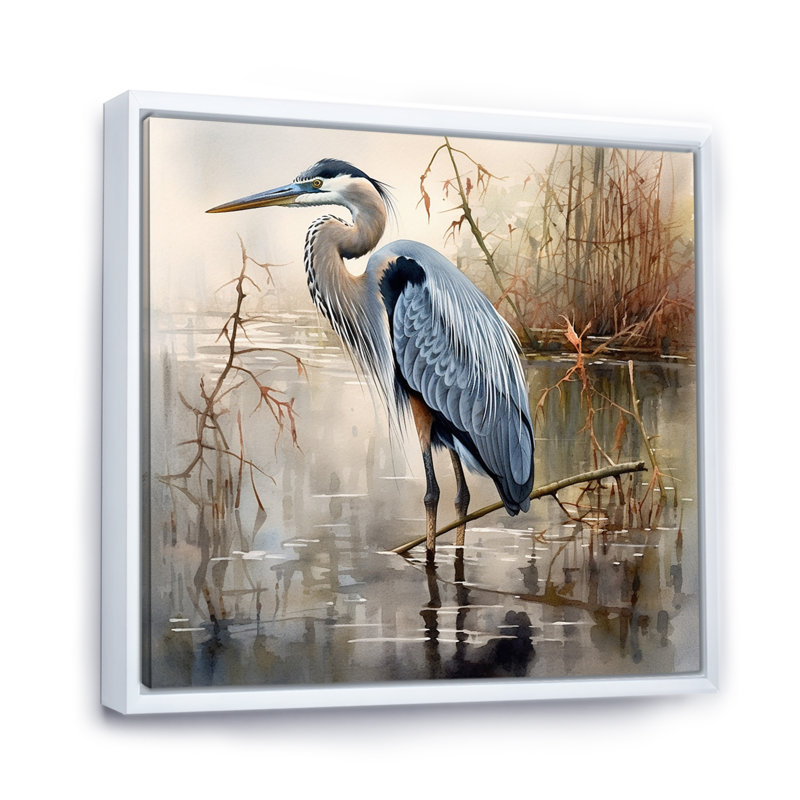 «Graceful Heron Waterbird IV - Heron», art mural, H 30 po x l 30 po, Reproduction avec cadre flottant, Blanc