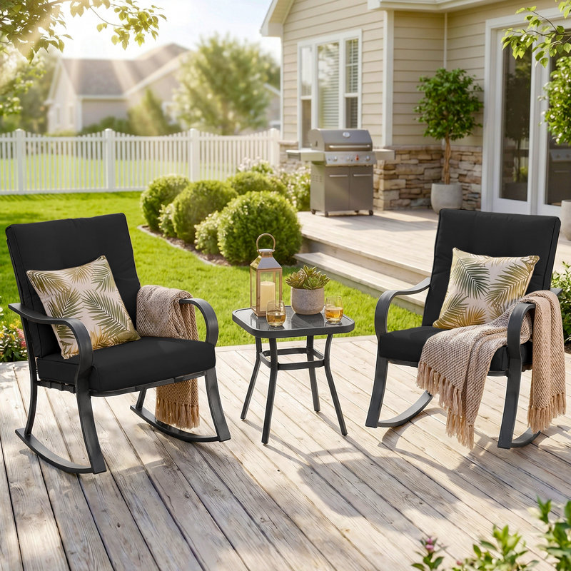 3 Piece Rocker Seating Group with Cushions, 2 - Person Outdoor Rocking Patio Chairs Set with Tempered Glass Top Coffee Table for Porch, Backyard, Balcony