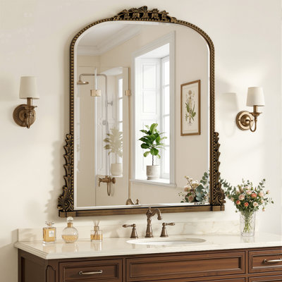 Retro Engraved Bathroom Mirror, Arched Wall Mirror