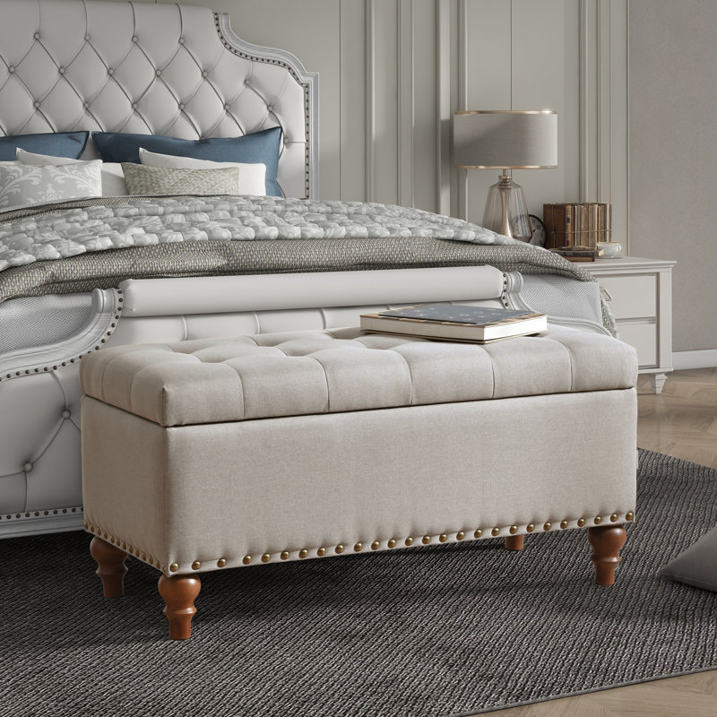 Banc de rangement repose-pieds, charnière de support encastrée facile à ouvrir, garniture rivetée, chambre à coucher, entrée, salon, lin (beige)