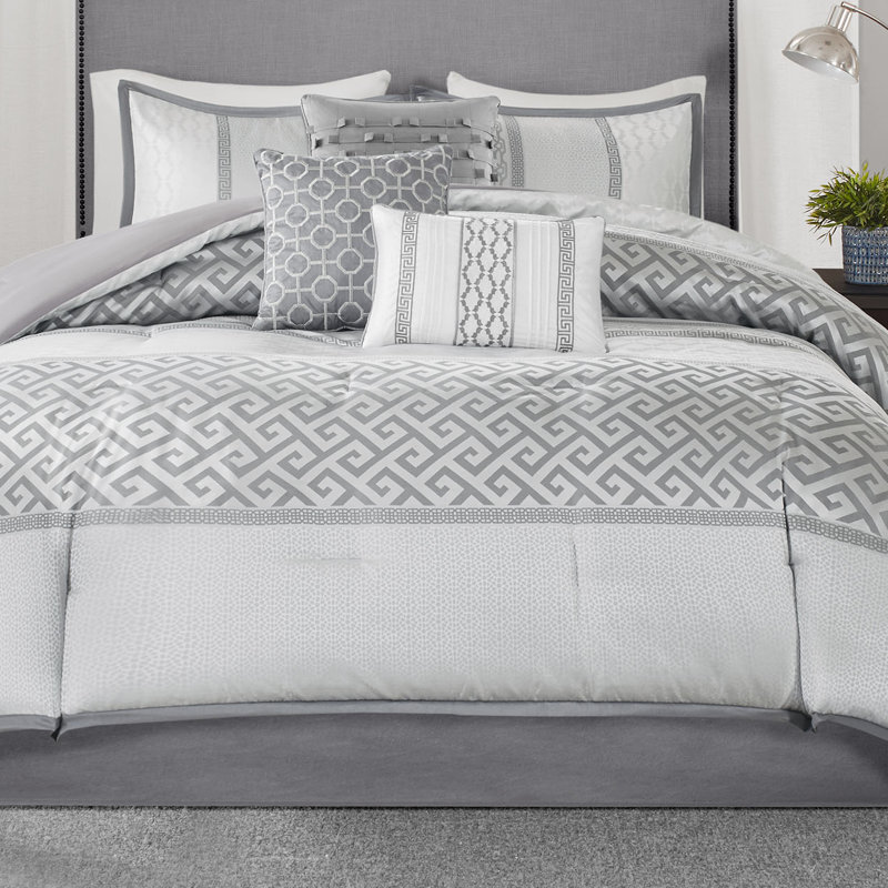 Bennett 7 Piece Jacquard Comforter Set, Queen Comforter + 1 Bed Skirt + 2 Shams + 3 Decora, Gray