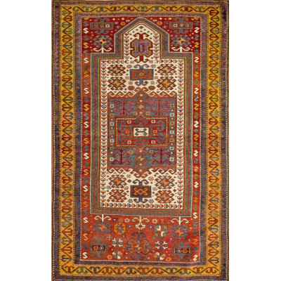 Antique Geometric Medallion Wool Hand Knotted Pile Coral / Salmon Pink 1890s Rug