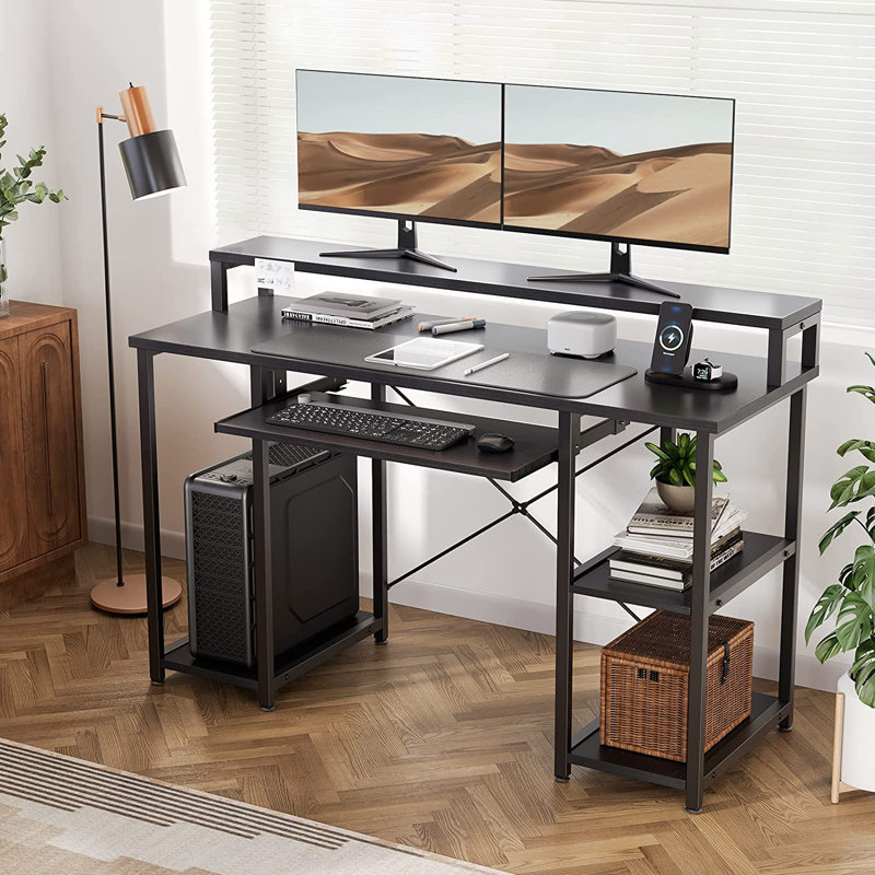 Modern Home Office Computer Writing Study Desk with Storage Shelves and Keyboard Tray, Black/Black