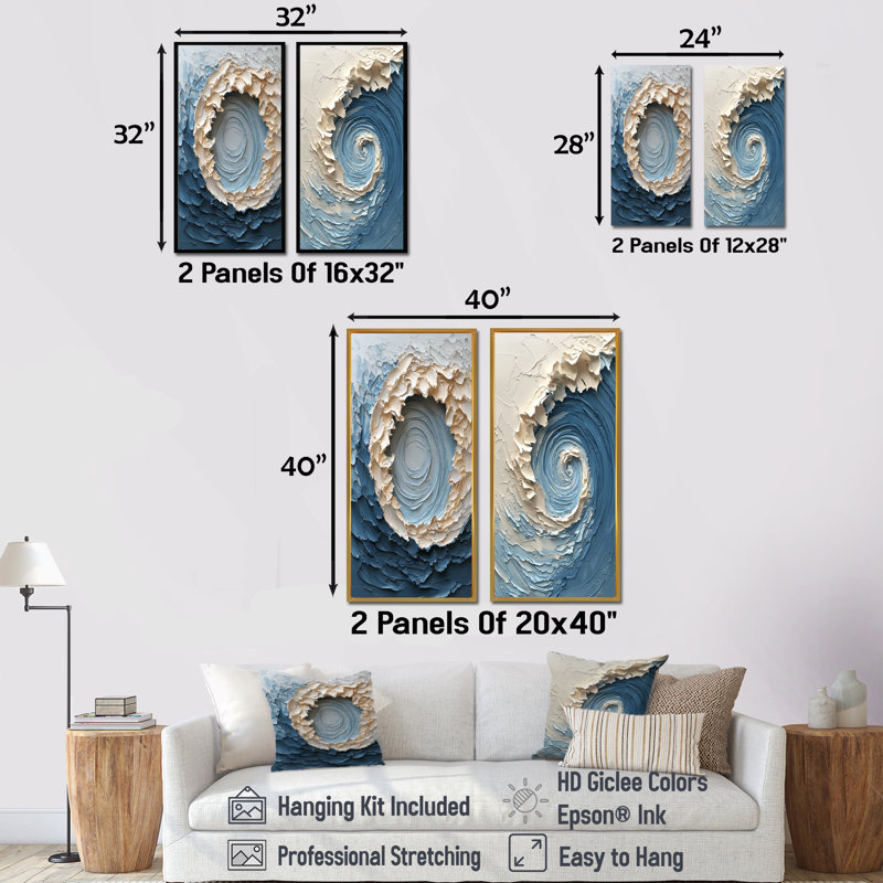 Ensemble de 2 pièces de vortex blanc océanique accentué de bleu I - Spirales abstraites, H 28 po x l 24 po, Ne s'applique pas