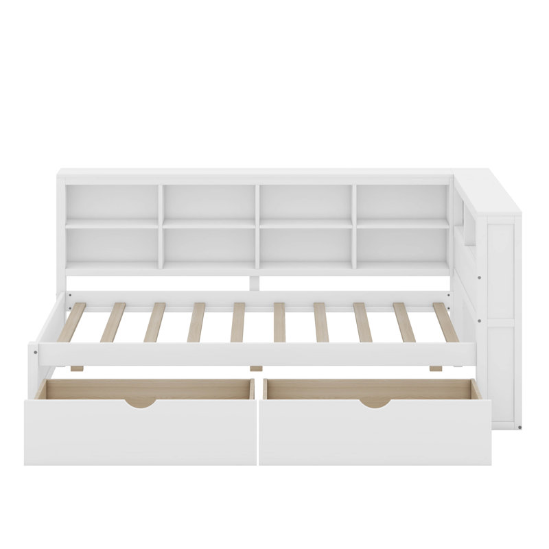 Wooden DayBed with 2 Drawers, Shelf and USB Charging Ports, White, Twin