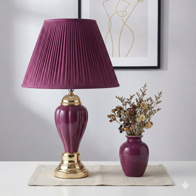 Grande lampe de table en céramique de 27 pouces de forme urne avec une finition bourgogne et un abat-jour en lin