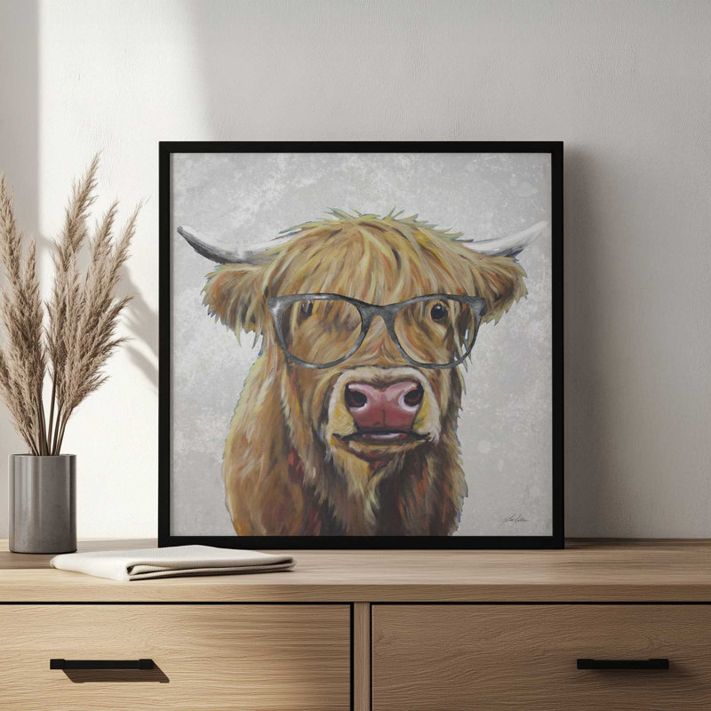 «Highland with Glasses» par Lee Keller, reproduction d'art, L 30 po x H 30 po, Argent, Impression encadrée
