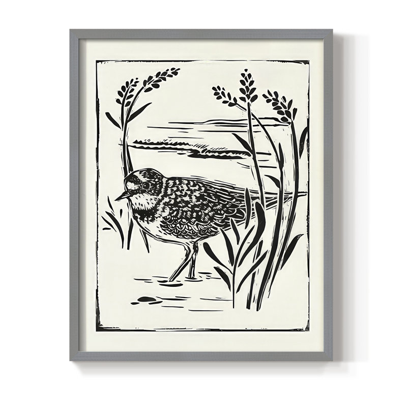 Linocut Style Seabird IV, reproduction encadrée - bois massif, H 30 po x l 24 po, Gris