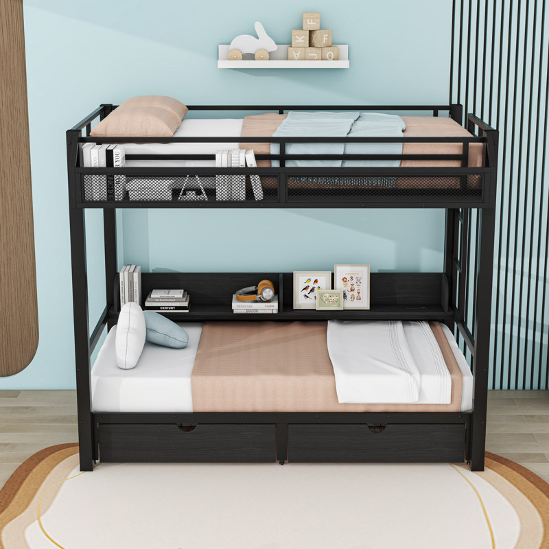 Lit superposé avec tablettes de rangement, tiroirs, ports USB et lumières DEL, Lit superposé simple TG sur simple TG, Noir