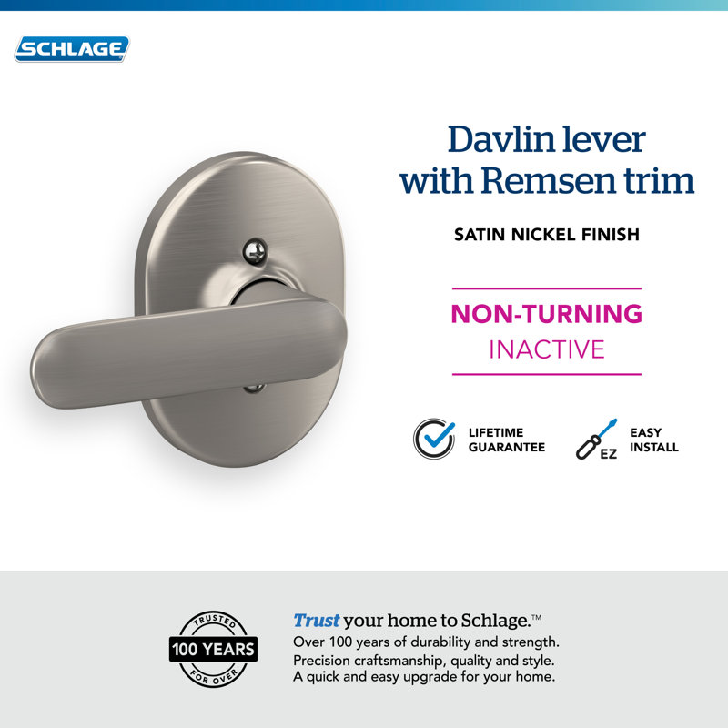 Davlin Lever With Remsen Trim Non-Turning Lock, Satin Nickel