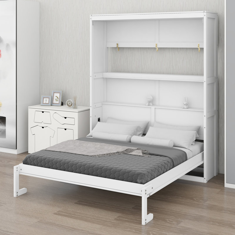 Lit escamotable moderne avec tablettes ouvertes et design épuré, White