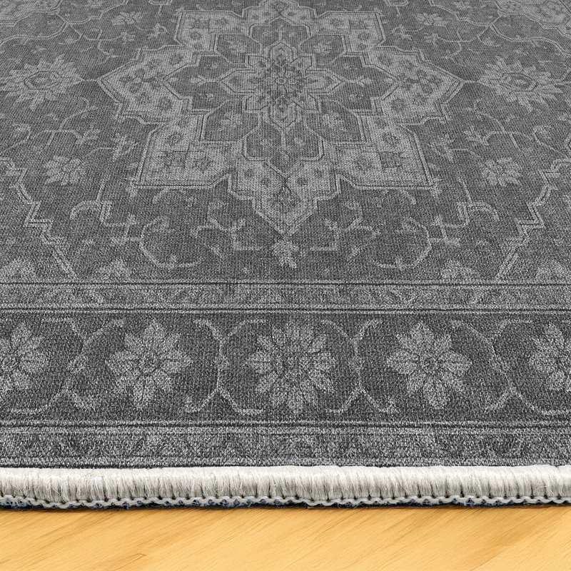 Nouvelle Collection Digital Print Cotton-Polyester Gray Oriental Rug, Runner 2'8" x 9'11"