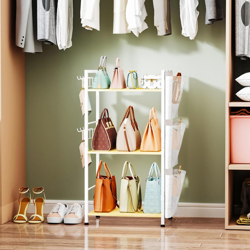 3-Tier Purse Organizer Stand With Transparent Pockets And Side Hooks - Floor Standing Handbag Storage Rack For Closet Home Living Room Organization