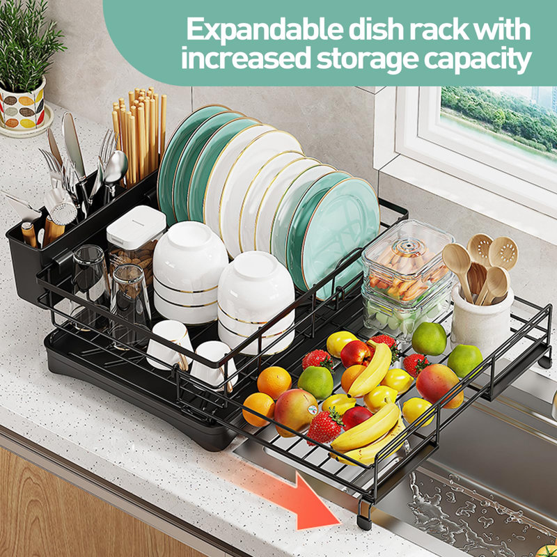 Égouttoir à vaisselle extensible avec porte-couverts, égouttoirs à vaisselle antirouille noirs pour comptoir de cuisine, égouttoir à vaisselle