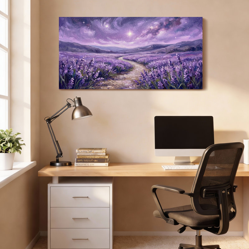 Ensemble de 1 tableau sur toile tendue représentant un champ de lavande sous un ciel étoilé, H 16 po x l 32 po